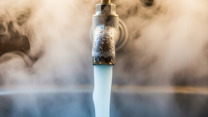 Close-up of mineral spring water flowing into a steaming bath, with warm golden lighting and misty atmosphere, creating a tranquil and rejuvenating scene