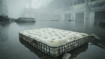 A waterlogged mattress floats aimlessly through a flooded abandoned building shrouded in mist