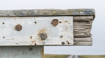 Close up of weathered and splintered wooden planks joined with rusted nails and a metal plate