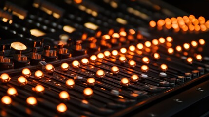 Close up of amber warning lights glowing on a professional audio mixing console with faders and controls