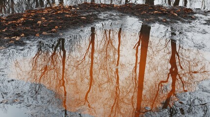 Abstract reflection of bare trees in a shimmering oil slick on stagnant forest water during autumn