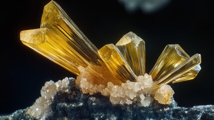 Close up of sharp yellow crystal formations growing from a rough mineral base showing intricate geometric patterns and natural structures