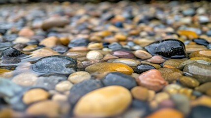 Close up view of numerous smooth water worn pebbles and stones covering a riverbed surface with varied natural colors and textures