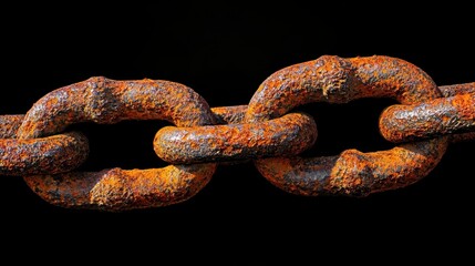 Closeup of a heavy iron chain link with a rusted pitted surface against a dark background