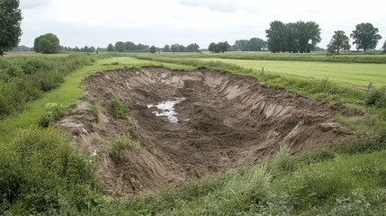 An excavated pit filled with muddy water amidst a green rural landscape under an overcast sky