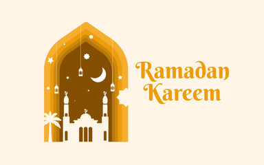 Ramadan kareem design in papercut style with no shadow. Modern and minimalist ramdan greeting for over, wallpaper, poster, social media, etc