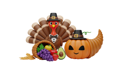 3D Thanksgiving Turkey, Pumpkin, Cornucopia and Fruit on transparent background