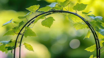 Delicate green vines gracefully form a natural archway with lush foliage and soft bokeh background