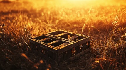 An old distressed wooden agricultural crate rests in a sunlit grassy field with a warm golden glow