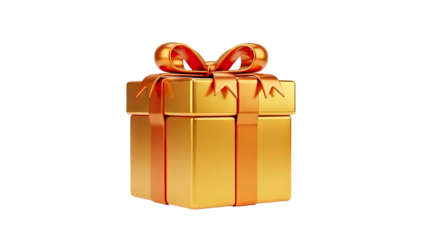 3D Golden gift box with orange ribbon and bow on transparent background