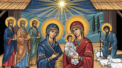 Nativity scene with virgin mary, baby jesus, and magi, a colorful illustration of a biblical event with angels and shepherds
