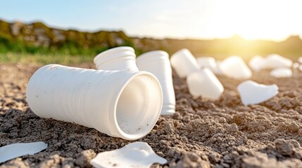 Broken shards of opaque milky white plastic bottles scattered on the ground in sunlight