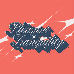 White Calligraphy of 'Pleasure Tranquility' in Blue Bold Line, Red Backdrop with Abstract Glitters