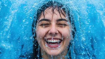Teen girl joyfully jumping into a vibrant blue wave, face beaming with happiness as water cascades around her in a dynamic and exhilarating scene
