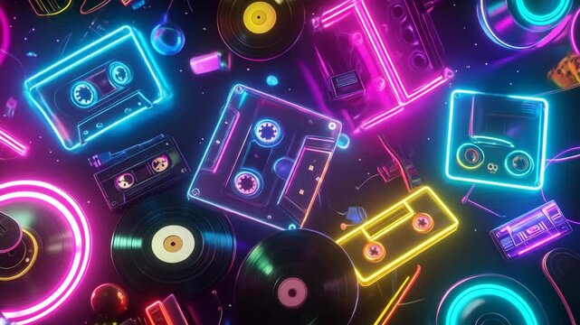 Vibrant neon outlines illuminate a collection of classic audio cassette tapes and vinyl records on a dark background, evoking a retro music theme.