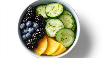 A vibrant bowl holds slices of fresh cucumber, orange, and mixed berries