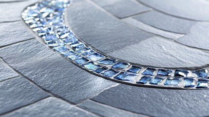 Close up of a wave-like pattern formed by smooth grey slate tiles and vibrant blue mosaic segments