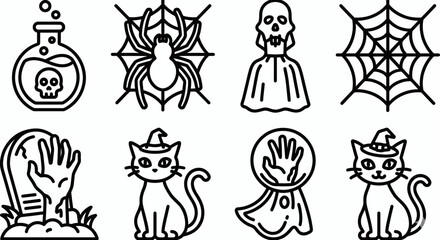 Fototapeta premium Halloween Icon Set Cute Spooky Cartoon Ghost Pumpkin Witch Illustration