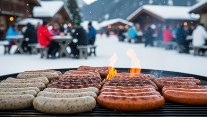 Fototapeta premium Sausages grilling on barbecue in snowy outdoor winter market setting with people sitting at tables in background