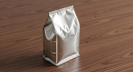 A realistic and detailed image showcases a sealed silver foil pouch resting on a rich dark wooden surface highlighting its form