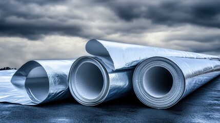 Rolled up sheets of tarpaulin material stacked neatly outdoors under a cloudy sky