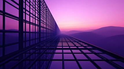 Modern glass architecture with geometric patterns stretches towards a hazy purple horizon at sunset