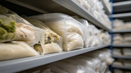 Rows of pristine clear plastic specimen bags containing samples stored neatly on laboratory shelves
