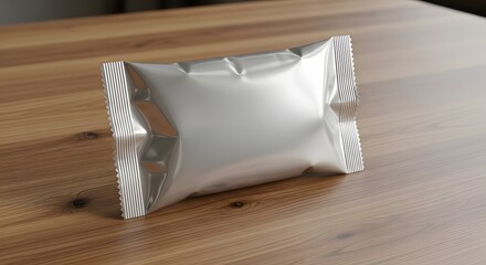 A single silver foil pouch rests centered on a wooden surface displaying a crumpled texture and a clean simplistic design for product presentation