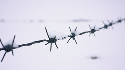 Snow covered barbed wire entanglements in stark winter landscape