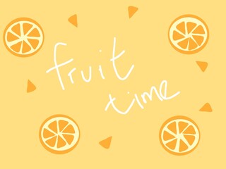 Playful citrus background with hand-drawn orange slices, small fruit elements, and handwritten &ldquo;fruit time&rdquo; text on a soft pastel yellow background.