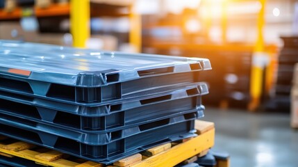 Stack of heavy duty translucent plastic storage containers on a wooden pallet in a warehouse