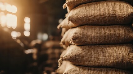 Stack of woven hemp sacks filled with raw materials in a warehouse