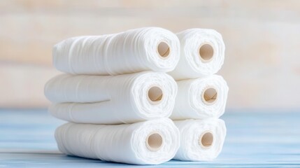 Stacks of clean white cotton bandage rolls arranged neatly on a light blue wooden surface in a studio setting