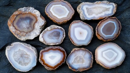 Polished slices of natural agate stones displaying banded patterns and crystalline centers arranged on a dark surface