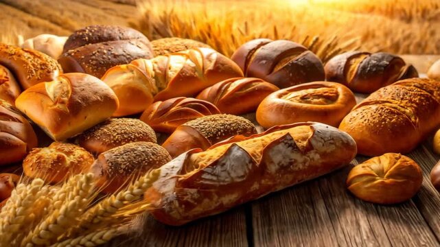 An inviting assortment of freshly baked bread loaves and rolls arranged on a rustic wooden table with golden wheat stalks.