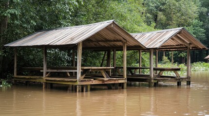 Submerged wooden picnic shelters sit in a flooded park surrounded by lush green trees
