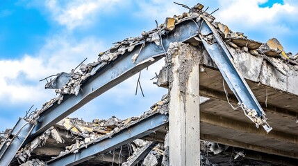 Twisted metal girders and concrete debris of a collapsed structure against a blue sky