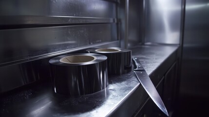 Two dark rolls of industrial freezer tape sit next to a sharp metal knife on a metallic surface in a professional setting
