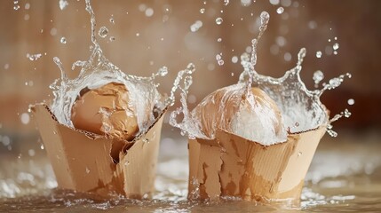 Two frosted cupcakes are getting splashed with water creating dynamic motion and droplets