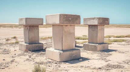 Weathered concrete blocks stacked outdoors under a bright sky