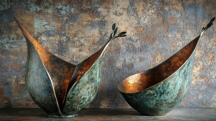 Two abstract metallic sculptures with fluid forms and aged patina displayed against a textured background