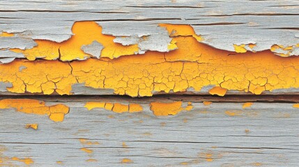Yellow paint peeling and cracking on weathered grey wood revealing layers of decay