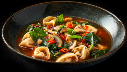 Flavorful wonton soup with vegetables and spices served in a black bowl