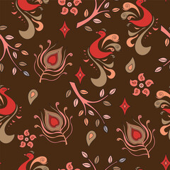 eamless peacock feather and bird folk art pattern with floral branches in red beige tones on dark brown background vector