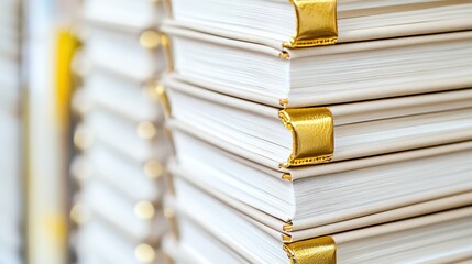 Stack of identically bound leather folios with gold corner details and white pages