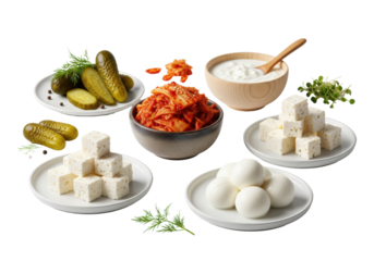 Meticulously arranged kimchi, dill pickles, feta, mozzarella, and kefir in small bowls and plates, isolated on a stark white clinical background. Concept of beneficial gut health