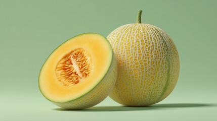 Fresh cantaloupe on green background with a sliced piece nearby