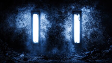 Two tall emergency fluorescent lighting panels glowing brightly on a dark textured stone wall with blue atmospheric light