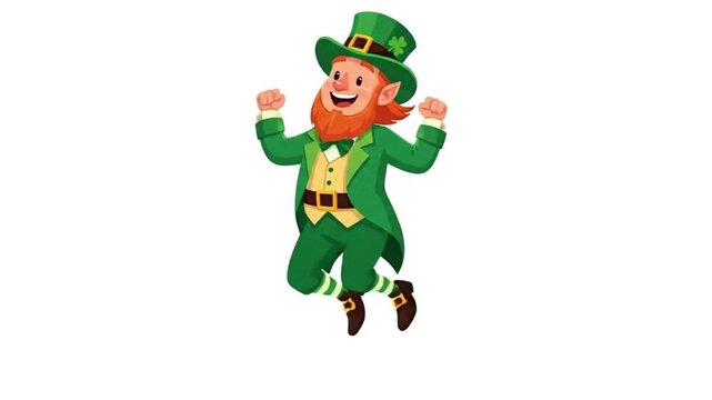 Happy leprechaun dancing with joyful arms outstretched in green
