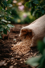 Soybean seeds spilling from a burlap sack on a farm in sunlight